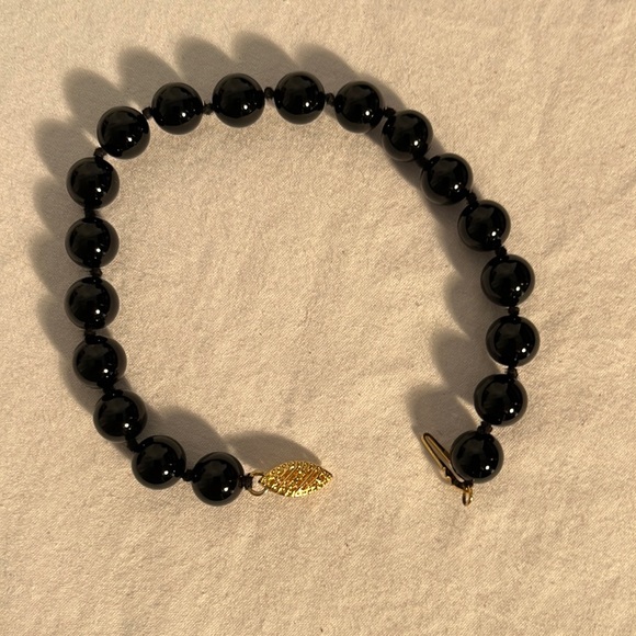 Black onyx beaded bracelet gold plated 925 filigree clasp - Picture 1 of 5